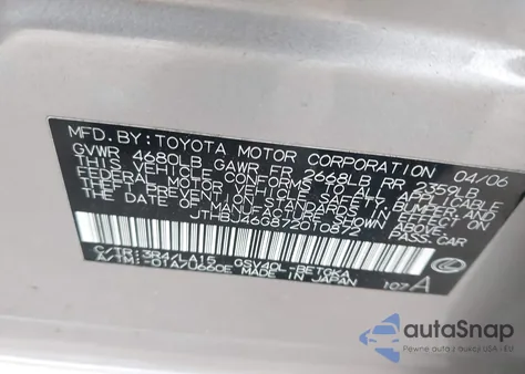 2007 Lexus Es 350 from USA, damaged, VIN JTHBJ46G872010872